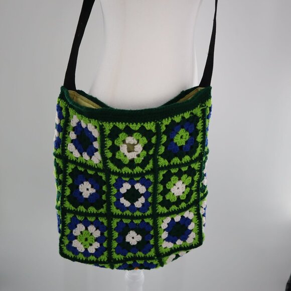 Crochet Granny Square Crossbody Bag Womens Green Retro Groovy Boho Festival - Picture 9 of 9